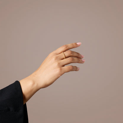 Hand wearing a gold ring on a plain background